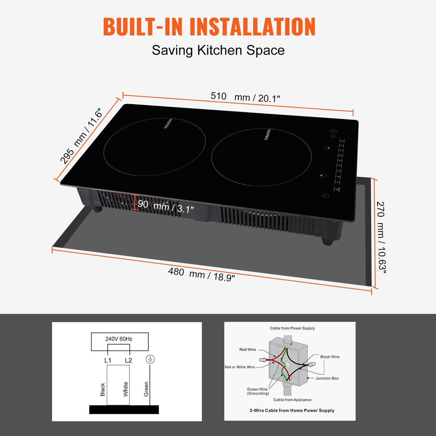 VEVOR Electric Cooktop, 2 Burners, 12'' Induction Stove Top, Built-in Magnetic Cooktop 1800W, 9 Heating Level Multifunctional Burner, LED Touch Screen w/Child Lock & Over-Temperature Protection