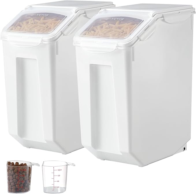 VEVOR Rice Storage Container, 4.5Gallon/20L x2 Capacity Large Dog Food Dispenser Bin, Kitchen Ingredient Grain Cereal Flour Bin, Pet food Containers with Wheels, 2 Measuring Cups, Airtight Lid, 2 Pack