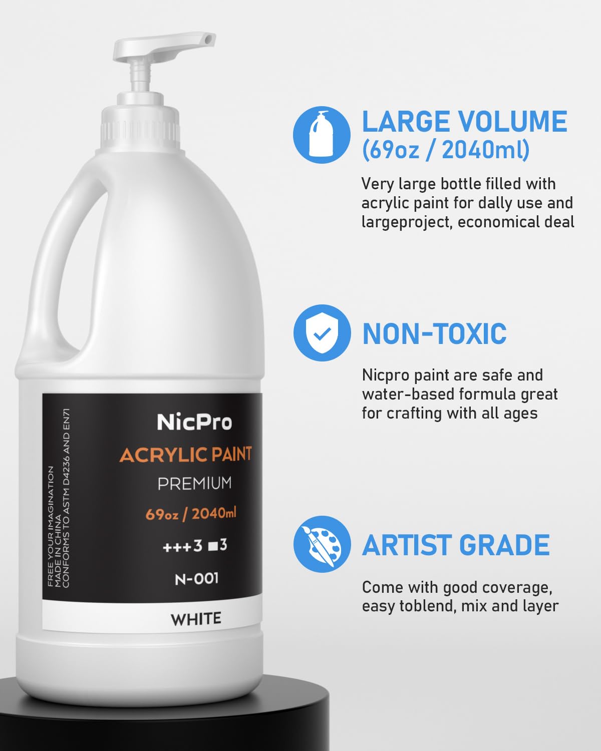 Nicpro White Large Acrylic Paint Set (69 oz, 2040 ml) Rich Art Painting Supplies Non Toxic for Multi Surface, Canvas, Wood, Leather, Fabric Stone Craft, for Beginner & Artist with Pump