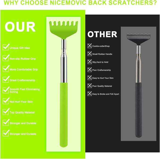 NICEMOVIC 6 Pack Back Scratcher for Women Men, Christmas Stocking Stuffers, Prizes for Adults, White Elephant Gifts for Adults, Extendable Bulk Back Massager Tool for Thanksgiving Birthday (Green)