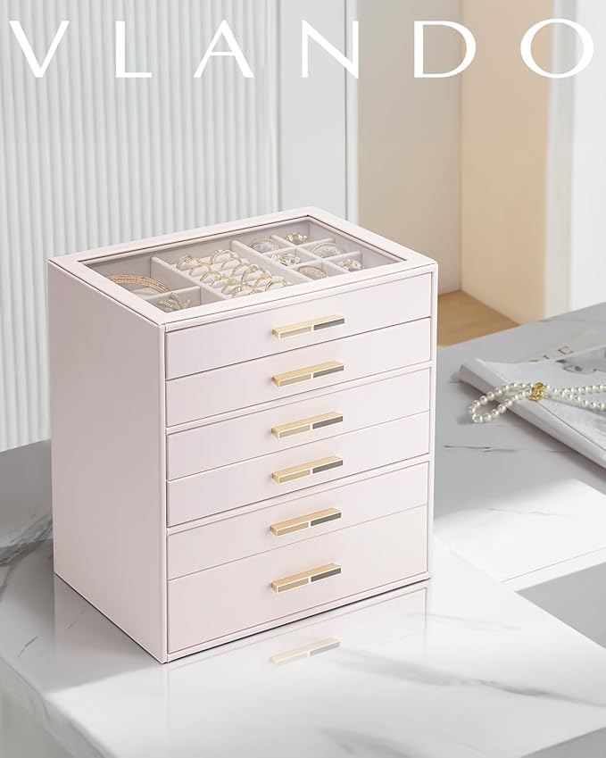 Vlando 6 Layer Jewelry Box for Women, Glass Lid Jewelry Organizer with 6 Drawers for Necklaces Rings Earrings Bracelets - Light Pink