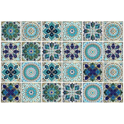 24Pcs Peel and Stick Tile Stickers, 4x4 Bathroom & Kitchen Backsplash Tile Decals Waterproof Self-Adhesive Square Vinyl Wall Decals Mandala Style Wall Decor (Best When adhered to Tiles