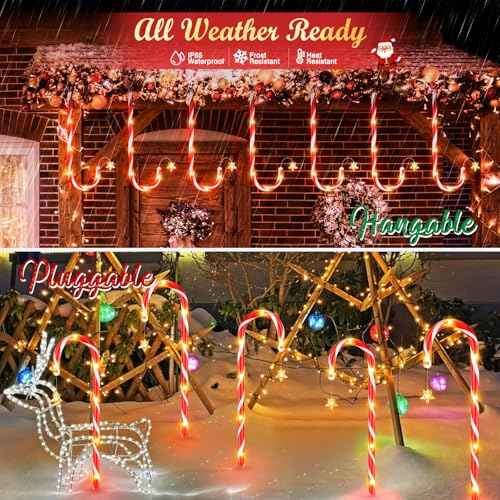 24 Pack Christmas Decorations Outdoor Solar Candy Cane Lights, Solar Christmas Pathway Lights with USB Charge, 10 Modes 144 LEDs Waterproof Outdoor Christmas Decorations for Yard Garden Pathway