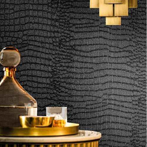 Black Peel and Stick Wallpaper 118inL 17.3inW Black Contact Paper for Cabinets Removable Textured Modern Crocodile Self Adhesive Wallpaper for Bedroom Bathroom Waterproof Leather Contact Paper