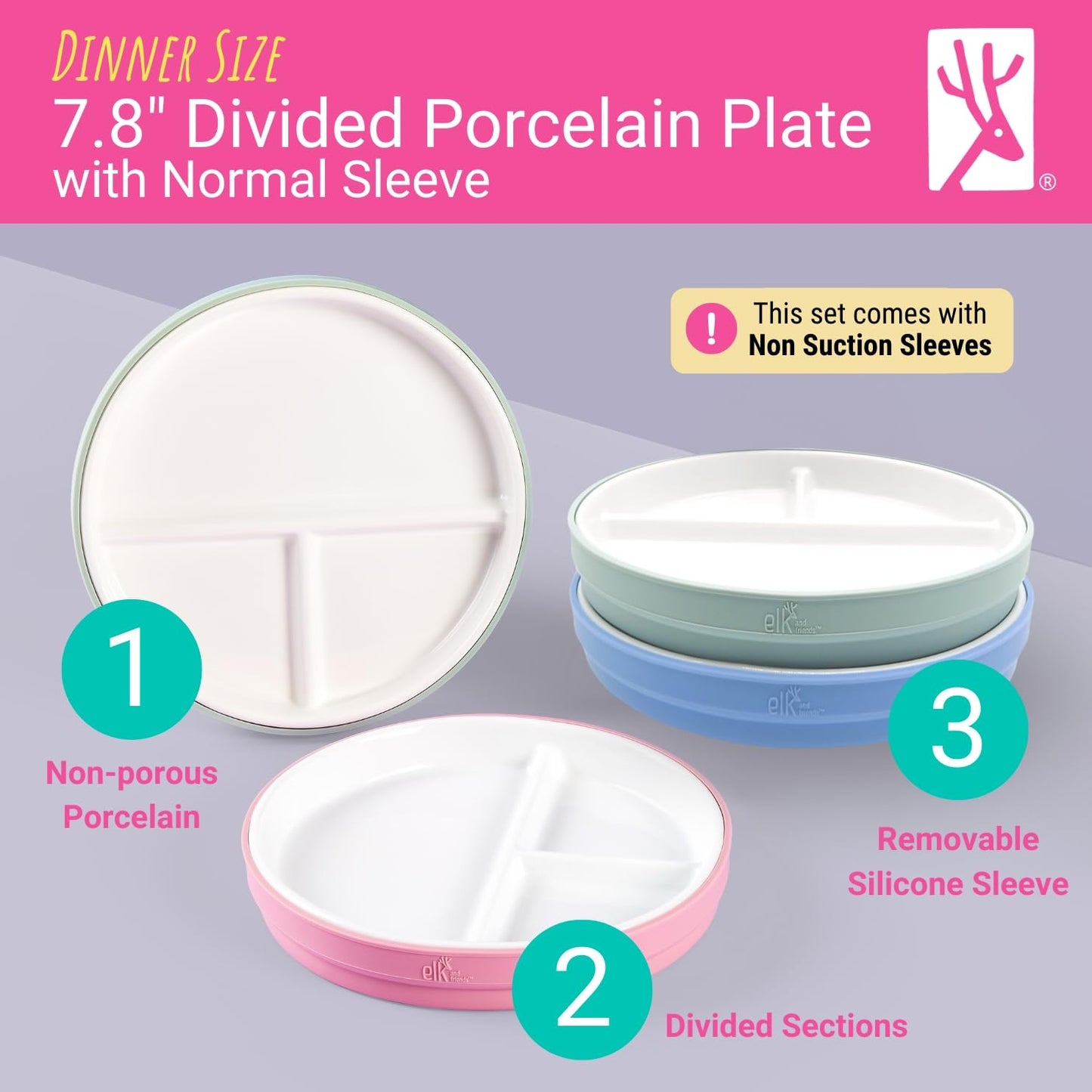 Elk and Friends Kids 7.8” Porcelain White Plates with Silicone Sleeves | Divided Plates | Suitable for Kids/Toddlers | Microwave & Dishwasher Safe | Non Slip | Snack Dishes…