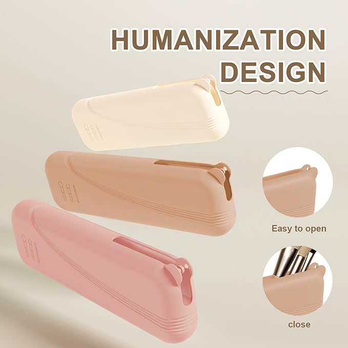 Silicone Makeup Brush holder travel case,Large makeup brush bag with Half-open Snap Design, Anti-fall Out vanity organizer for Toothbrushes,lipstick,eyebrow pencil,BB Cream,Liquid Foundation(Khaki)