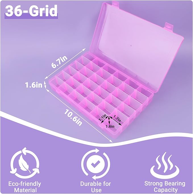 False Nail Container, 36-Gird Plastic Nail Art Organizers Storage Box with Adjustable Dividers, False Jewelry Diamonds Charms Nail 3D Decorations Manicure Accessory Holder Case, 2 Packs