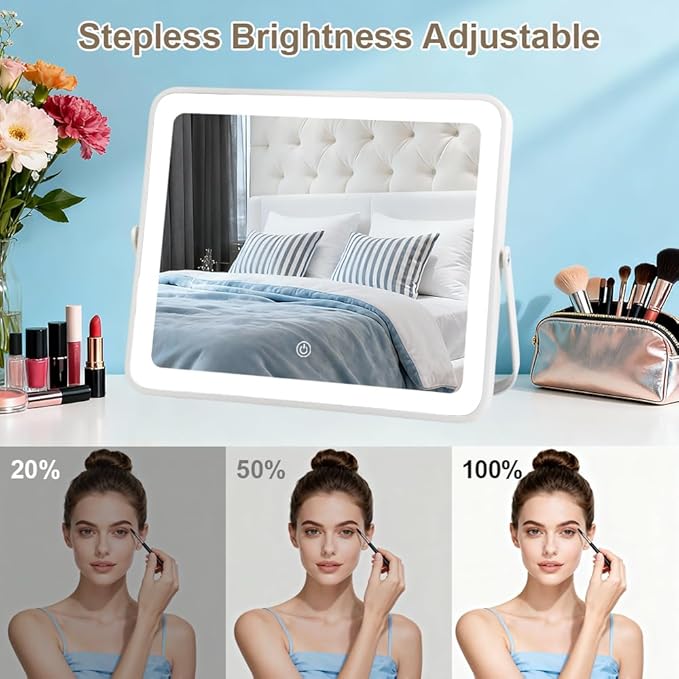YEKKOPT Portable Desk Vanity Mirror with Lights,10"ÃÂ12" Small Rechargeable Makeup Mirror with Lights,Smart Touch Screen with 3-Color Lighting,Dimmable,for Dorm Tabletop,Bedroom,Decor