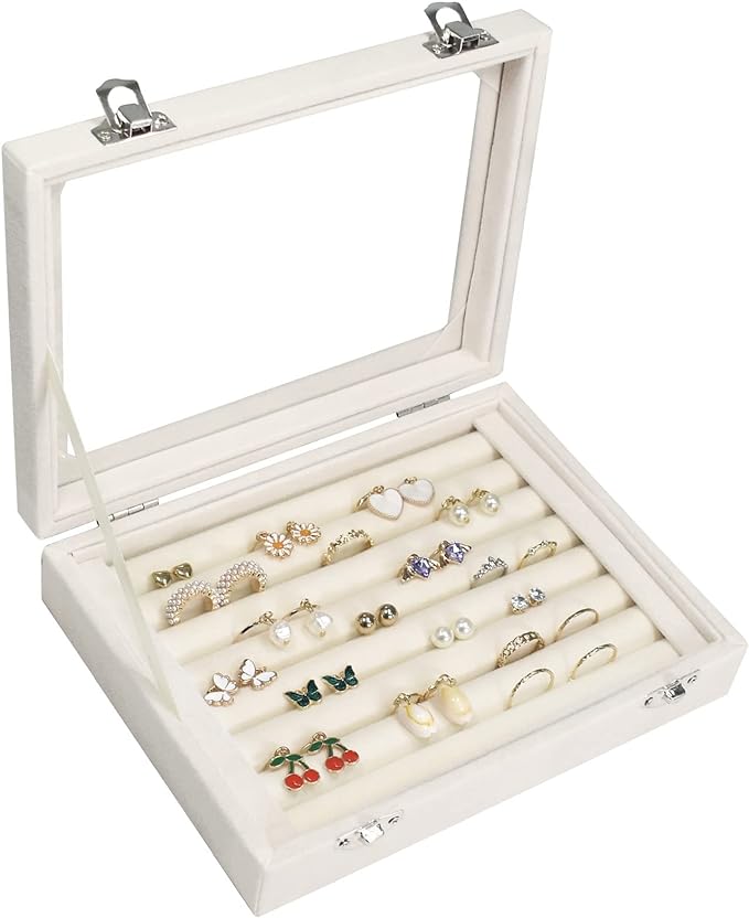 Rings Organizer Tray 7 Slots Velvet Jewelry Earring Storage Box with Transparent lid Jewelry Display Case for Girls Wife Mom Women (Beige)