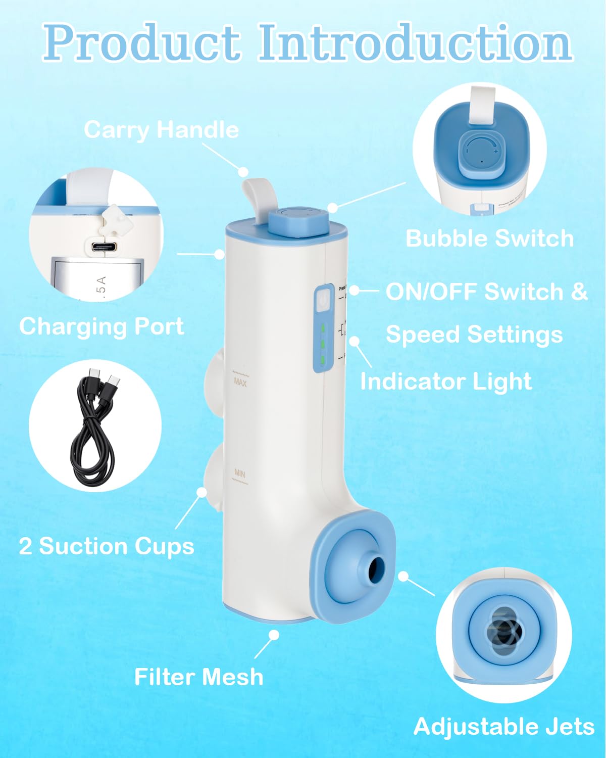 KokoSelene Rechargeable Bath Jets for Tub, Portable Jet Spa for Bathtub, Creates Soothing Bubbles and Massage for Relaxing Daily Use at Home (White-Blue)