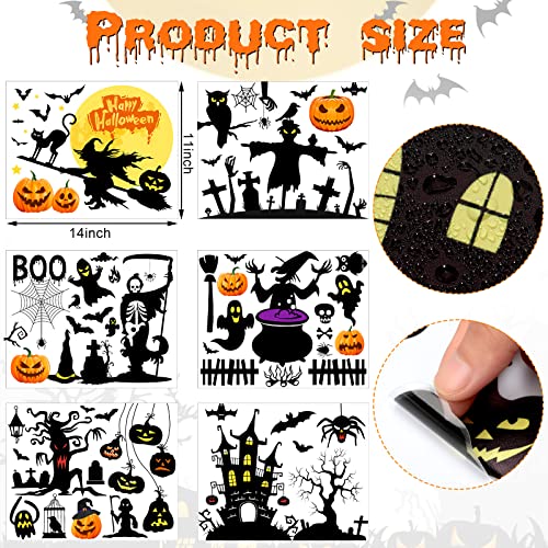 6 Sheets Halloween Wall Decals Black Bats Witch Ghost Ancient Castle Pumpkin Wall Stickers Decor Removable DIY Home Art for Halloween Party Supplies