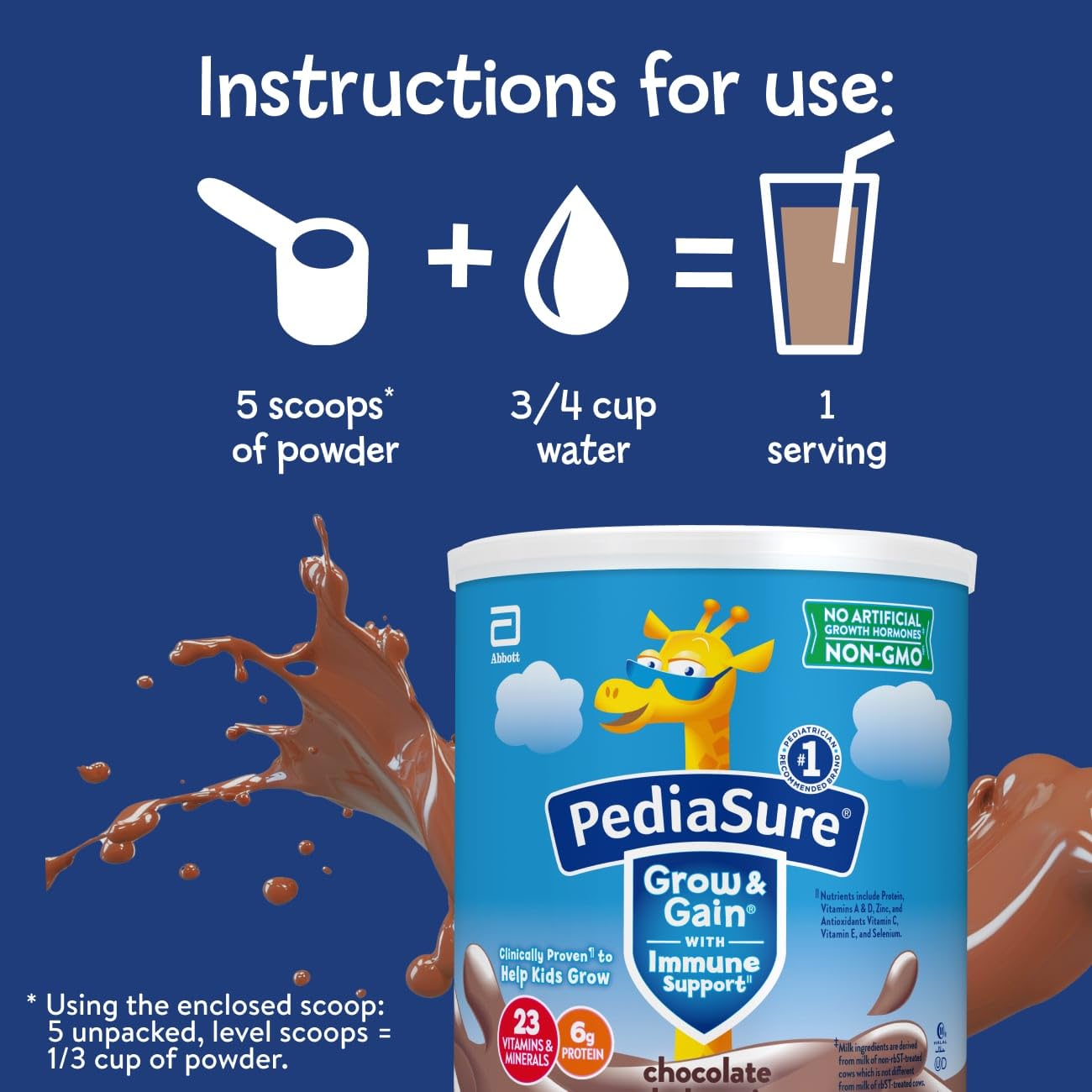 PediaSure Grow & Gain with Immune Support Shake Mix Powder, 23 Vitamins & Minerals, 6g Protein, Non-GMO, Gluten-Free, Chocolate, 14.1 oz Can, Pack of 3-24 servings
