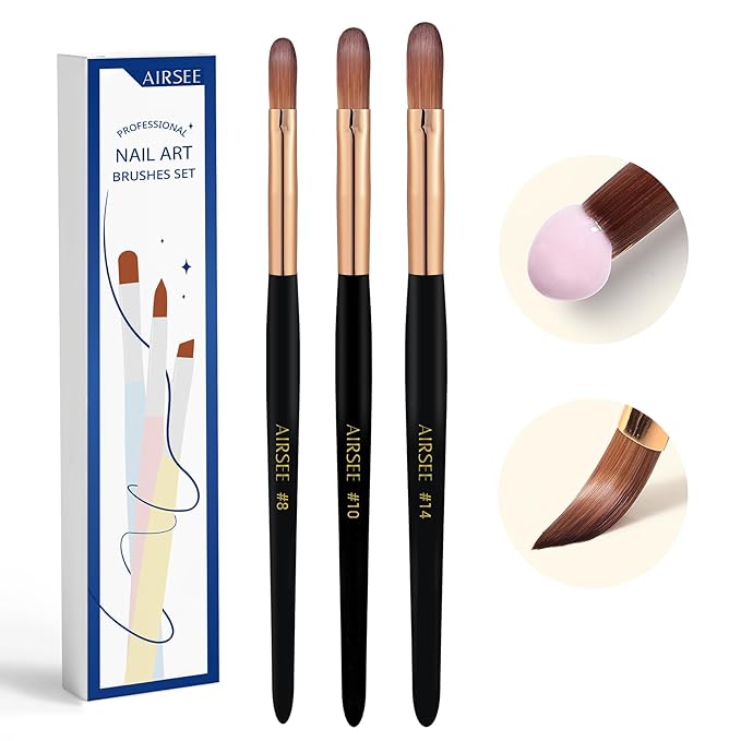 AIRSEE 3Pcs Acrylic Nail Brush Set, Size 8/10/14 Professional Manicure Brushes for Acrylic Powder Nail Art Extension, 3D Carving for DIY Salon Home, 3A+ Nylon, Black