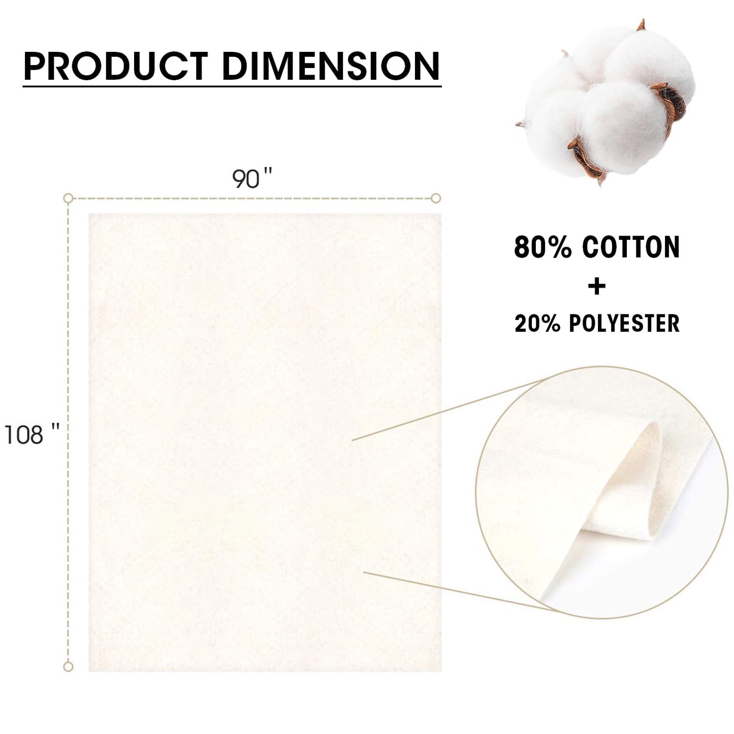 Zipcase 47 Inches X 59 Inches Queen Size Warm Soft Natural Cotton Batting for Quilts Quilting & Craft