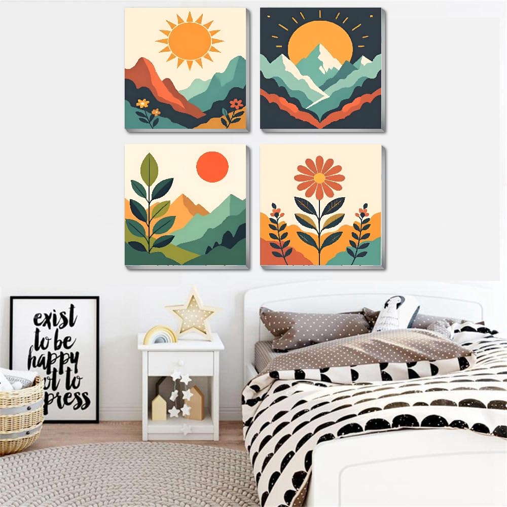 4 Pack Framed Paint by Numbers Kit for Kids & Adults Beginners, Easy Sunset Landscape Paint by Numbers Kits with Canvas Paints Brushes, Acrylic Oil Painting Arts and Crafts for Wall Decor 8 x 8 Inch