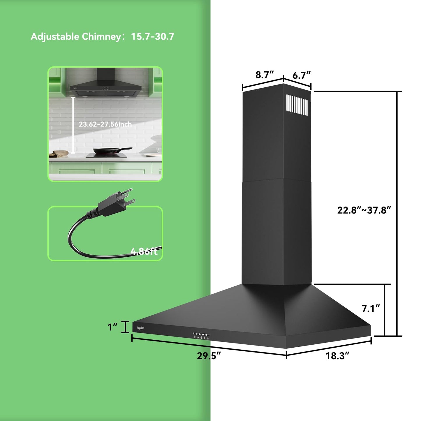 magicplux Wall Mount Range Hood 30 inch, 380 CFM Kitchen Hood With Ducted/Ductless Convertible, 3 Speed Exhaust Fan with LED light, Balck