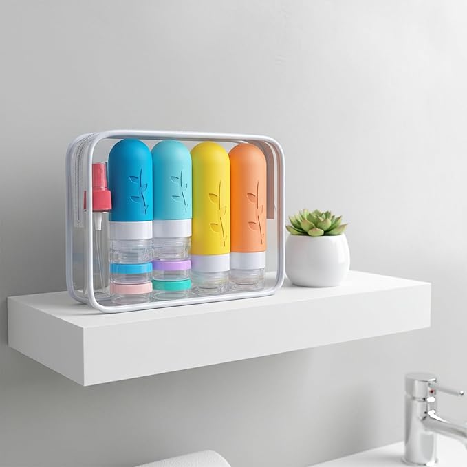 Travel Bottles Kit (16 Pack) - TSA Approved, Leak Proof Silicone Squeezable Containers for Toiletries. Complete Set with Jars, Sprayers & Bag (White)