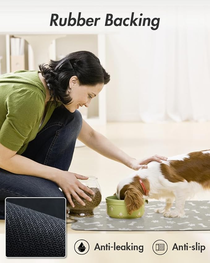 MontVoo Dog Food Mat-Pet Feeding Mat for Food and Water-No Stains Quick Dry Dispenser Cat Bowl Mat for Messy Drinkers(12"X19" Grey)