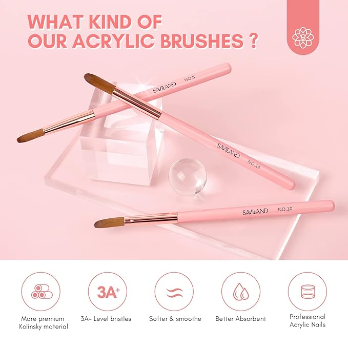 SAVILAND 3PCS Acrylic Nail Brush Set: Size 8/10/14 Kolinsky Acrylic Nail Brushes for Application, Pink Handle Professional Acrylics Powder Brushes for Nails Extension & 3D Nails Carving