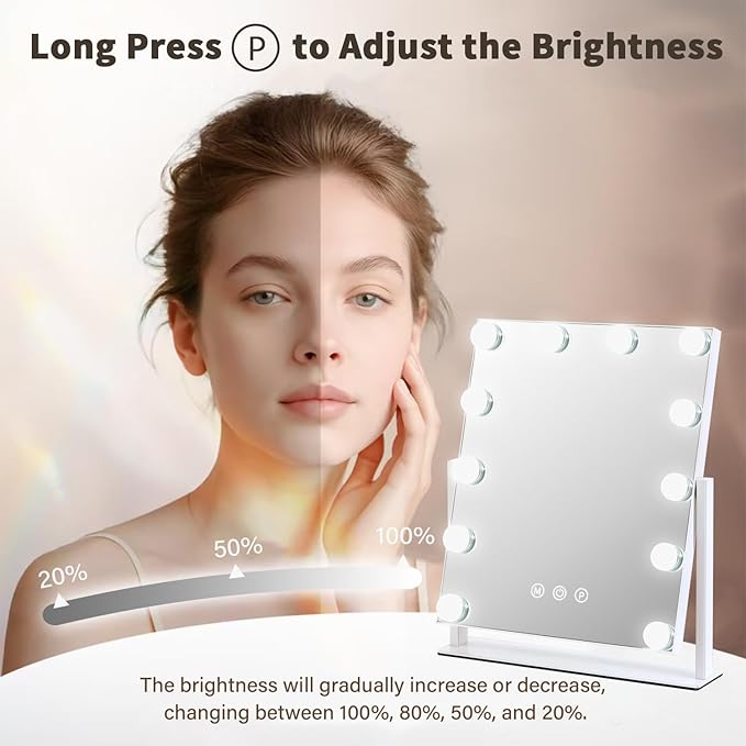 Vanity Mirror with Lights, 13'' x 11'' Lighted Makeup Mirror for Desk, Hollywood Mirror with 12 Dimmable Bulbs, 3 Color Modes, Smart Touch Control, 360°Rotation, Gifts for Women