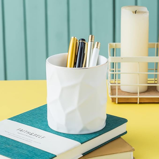 Ceramic Irregular Round Pen Holder For Desk Cute Stand Gold Line Pencil Cup Pot Desk Organizer for Girls Makeup Brush Holder (White)