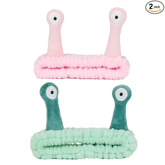 PERFECTSIGHT Kawaii Headband for Spa, Makeup, Washing Face, Party - 2 Pack Cute Hair Band for Shower Beauty Skincare, Soft Facial Headbands for Girls and Women (Green+Pink Snail)