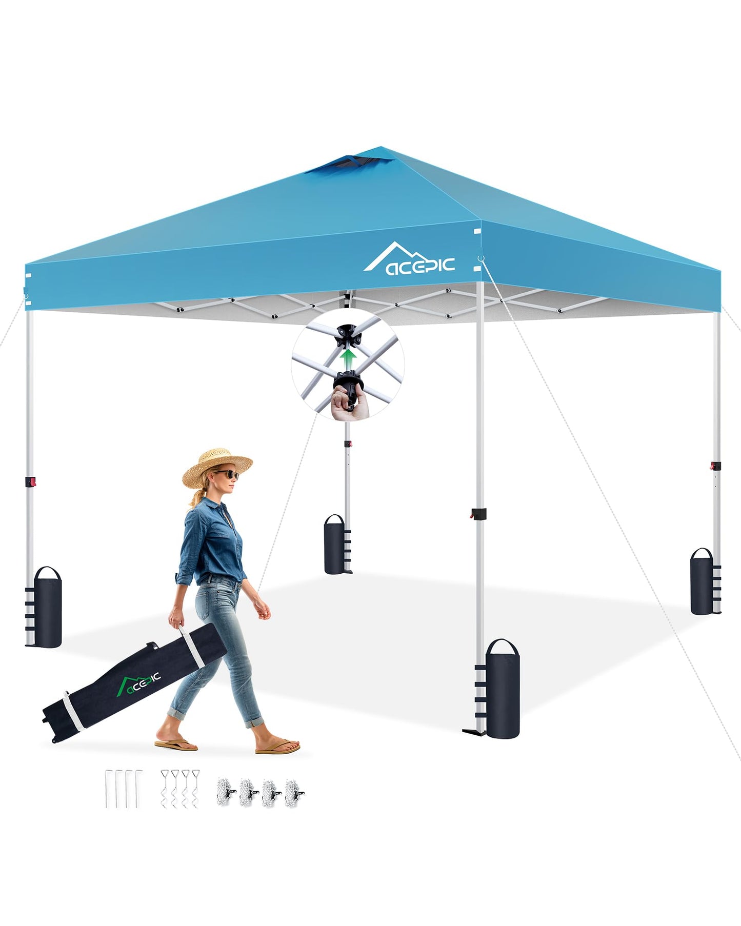 Acepic 10x10 Pop Up Canopy Tent,300D Silver-Coating Top,Pop Up Canopy Tent Instant Portable Shelter with 1-Button Push and Wheel Carry Bag, 8 Stakes and 4 Upgraded Canopy Weights (Serene Blue, 10x10)