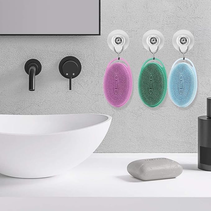 Soft Silicone Body Scrubber 3 PCS Silicone Body Shower, Silicone Loofah 2 in 4 Bath and Shampoo Brush, Body Scrubber Shower Cleaning Exfoliating Use for Sensitive Skin, Lather Well, Blue,Green,Purple