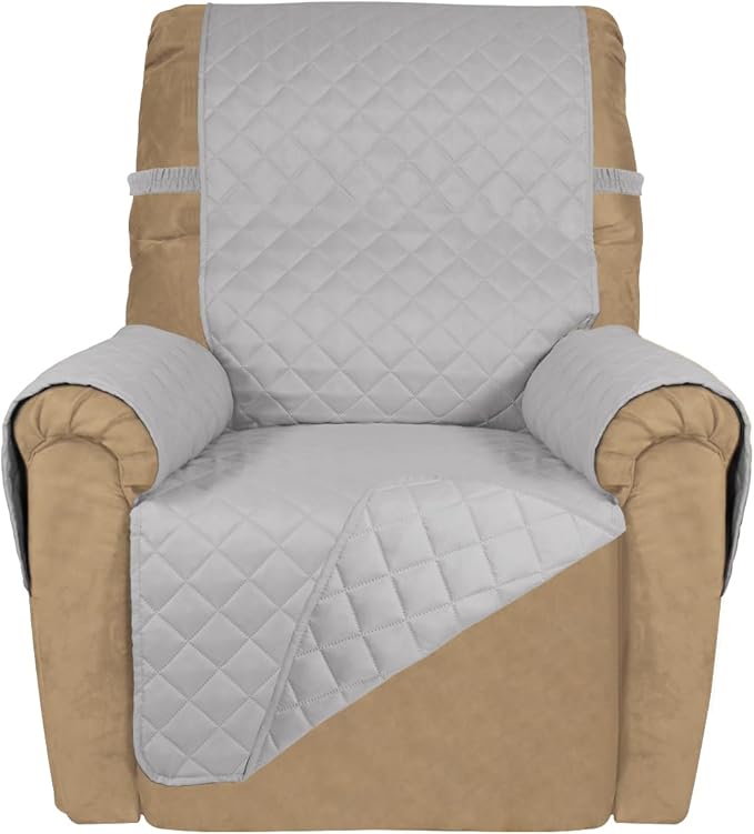 PureFit Reversible Quilted Sofa Cover, Water Resistant Slipcover Furniture Protector, Washable Couch Cover with Non Slip and Elastic Straps for Kids, Dogs (Small Recliner, Light Gray/Light Gray)