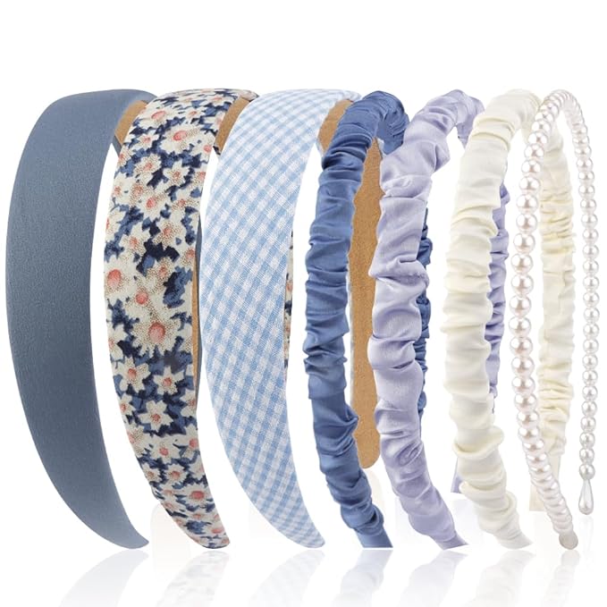 AHONEY 7 Pack Headbands for Girls Women Headbands Trendy Non Slip Hairbands Cute Hair Accessories Multi-style Preppy Headband Pack Diademas Para Mujer (Blue)