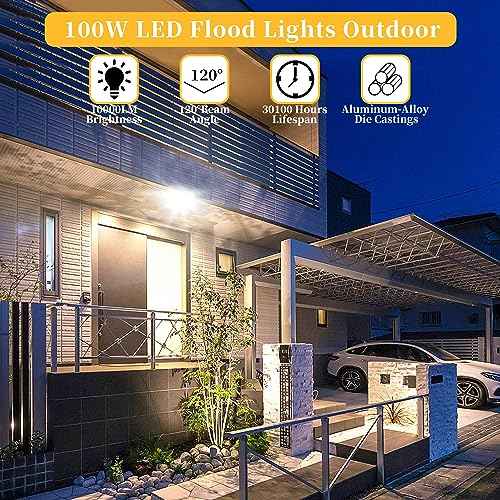 4 Pack 100W LED Flood Lights Outdoor, 10000 LM Super Bright Security Lights, Portable IP66 Waterproof LED Work Light with Plug, 6000K Daylight White Floodlights for Garage Yard Garden Playground