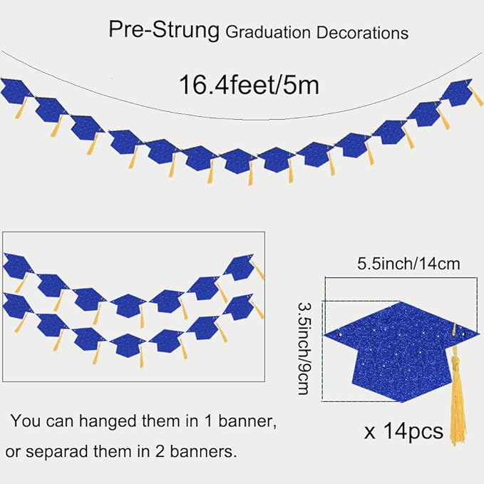 2026 Blue Glitter Graduation Decoration Hats Banners with Tassel Class of 2026 Graduation Banners Garlands for College High School Graduate Party Decorations