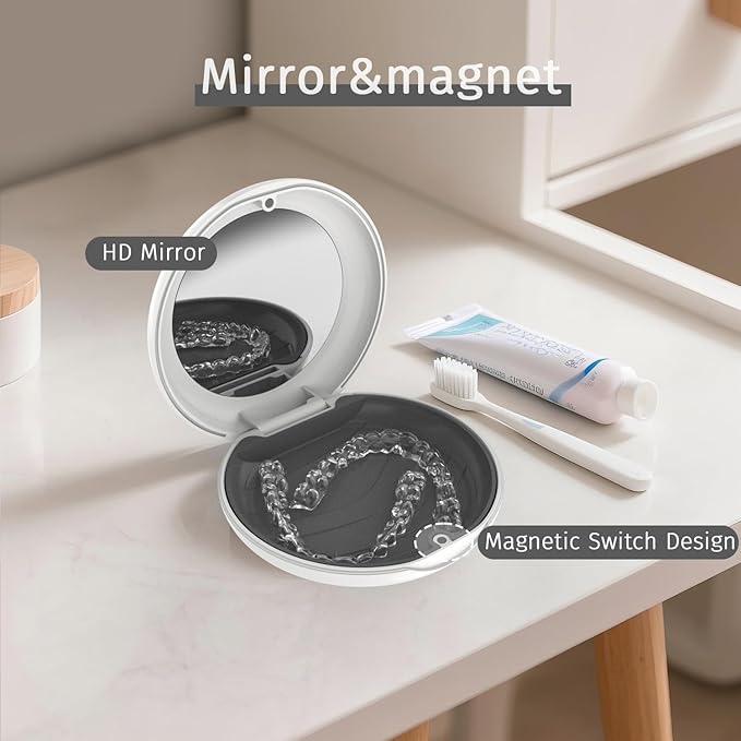 2 Pack Retainer Case with Mirror, Compatible with Invisalign, Slim Aligner Case for Travel, Includes Removal Tools, Seaters & Brush, Magnetic Secure Closure Retainer Box - White