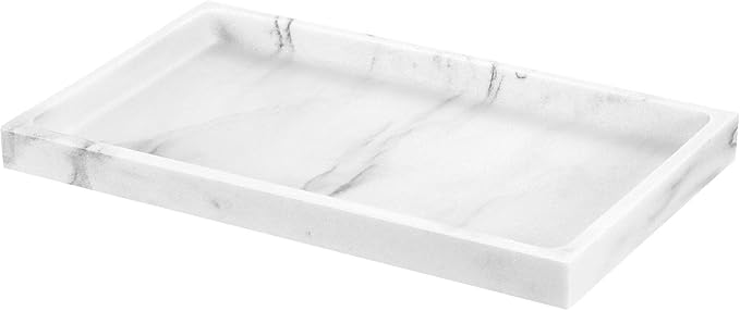 Luxspire Bathroom Vanity Tray, Resin Dresser Jewelry Ring Dish Tank Storage Kitchen Sink Countertop Organizer Plate Holder for Perfume Candles Soap Towel Plant Bathroom Accessories, M, Gravel White