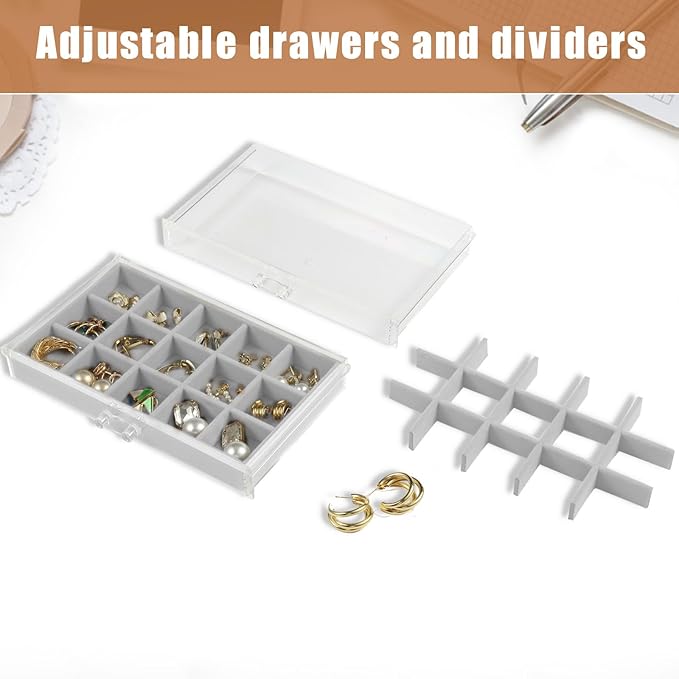 5 Drawers Clear Jewelry Box for Women and Girls, Acrylic Earring Holder Organizer Ring Holder Display Storage, Gray