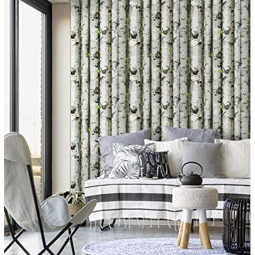 HAOKHOME Forest Wallpaper Peel and Stick Wood Birch Tree Removable Grey/Brown/Green Vinyl Contact Paper Self Adhesive Mural 17.7in x 9.8ft