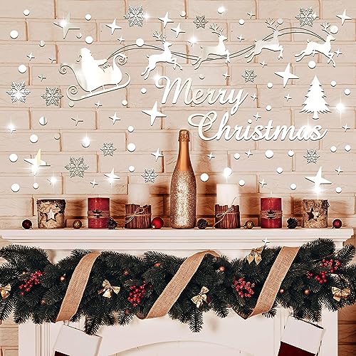 Christmas Mirror Decals Stickers Merry Christmas Santa Claus Reindeer Snowflakes Window Mirror Clings Xmas Acrylic Wall Art Decals Decor for DIY Holiday Winter Party Home Window Decor
