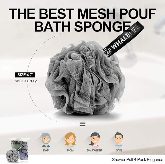 Loofah Sponge Bath Sponge for Women Men 4 Pack (Gray Blue Green Purple)