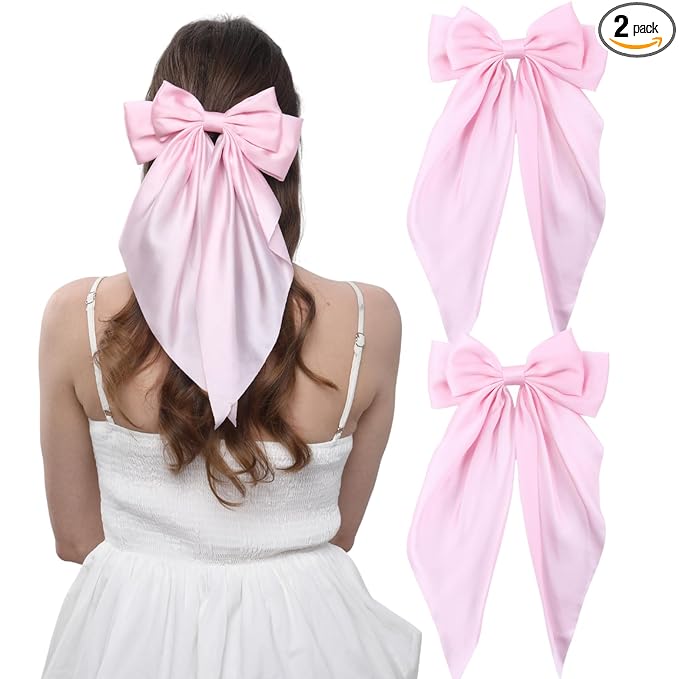 2PCS Big Hair Bow Clips for Women Girls Ã¢ÂÂ Pink Satin Ribbon Bow Barrettes with Long Tails, Large Cute Hair Accessories for Ponytail, Photoshoot & Everyday Styling