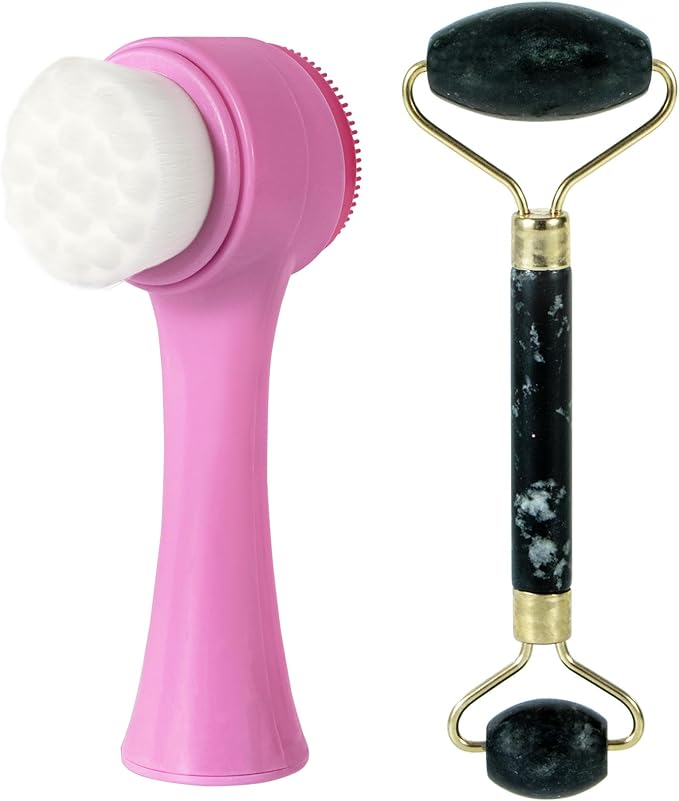 Face Brush 2 in 1, Silicone Facial Cleansing Exfoliating Brush Soft Bristles Pore Deep Cleansing, Jade Face Roller Skin Care Tools, Manual Dual Face Wash Scrub Brush Massaging Gift,PurpleBlack
