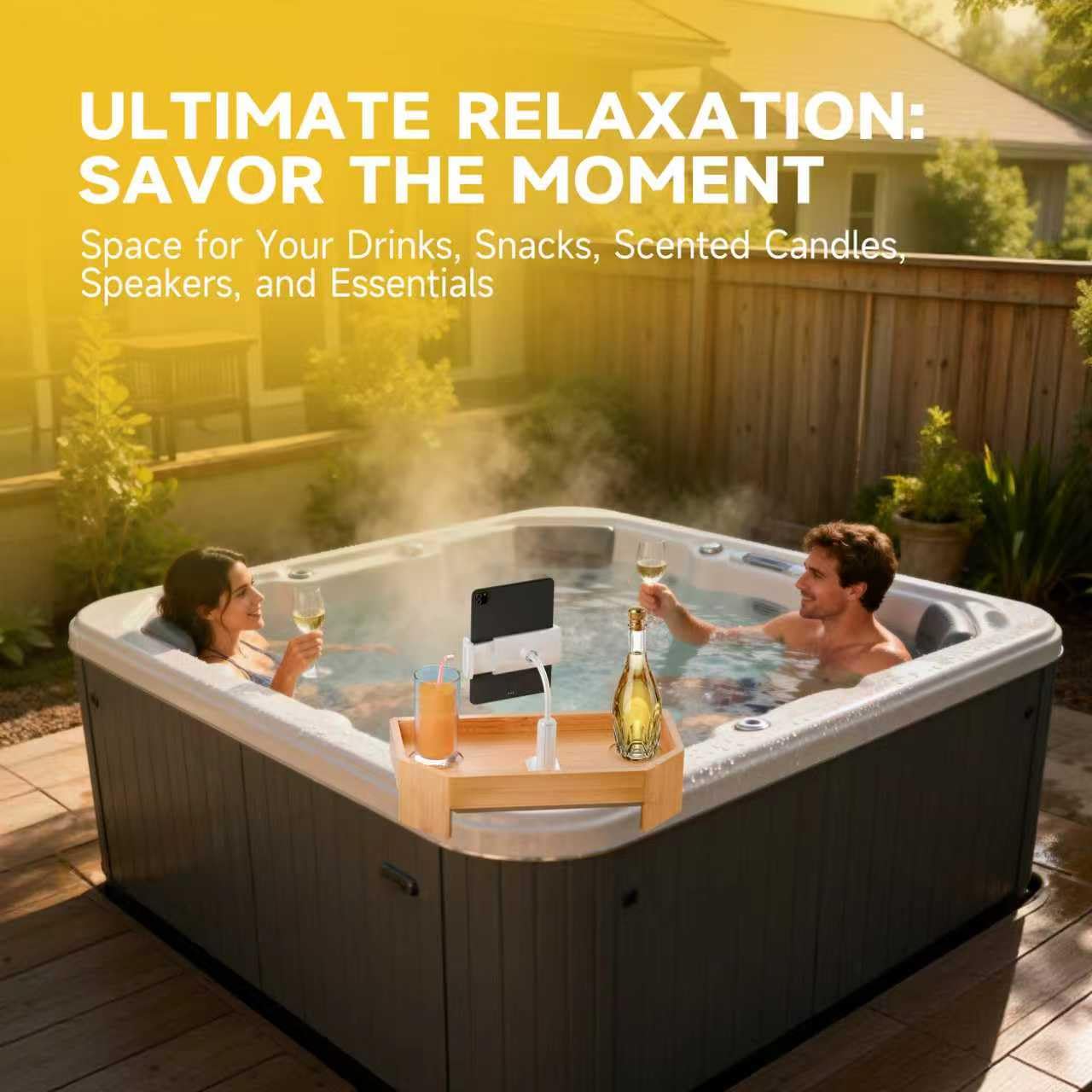 POOLCOMFT Bamboo Hot Tub Tray with Adjustable Phone Holder, Non Slip Hot Tub Table with Card & Scented Candle, Hot Tub Accessories - Unique Gift Idea for Spa Lover, Women, Parents