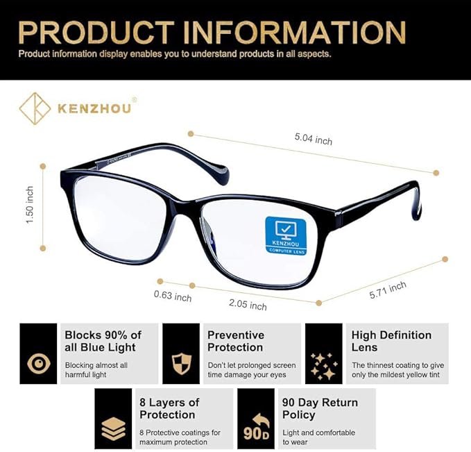 K KENZHOU Blue Light Glasses for Woman Men Bluelight Blocking Glasses for Computer Gaming Phones,Anti Eye Strain & UV Glare
