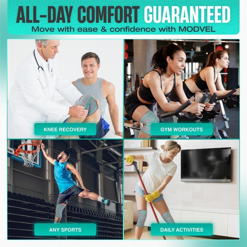 Modvel Compression Knee Brace for Women & Men - 2 Pack Knee Brace for Women Running Knee Pain, Knee Support Sleeve, Workout Sports Braces for Meniscus Tear ACL & Arthritis Pain Relief Grey/Turquoise XXX-Large