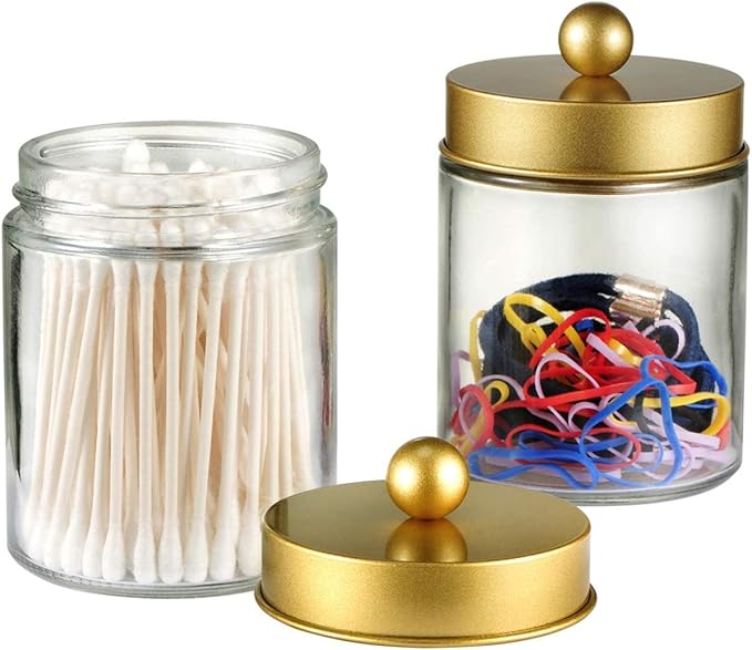 Amolliar 4 Pc Glass Apothecary Jars - Countertop Qtip Dispenser Holder with Stainless Steel Lids &Cute Stickers -Bathroom Vanity Storage Organizer Set for Qtips,Cotton Swabs,Makeup Sponges(Gold)