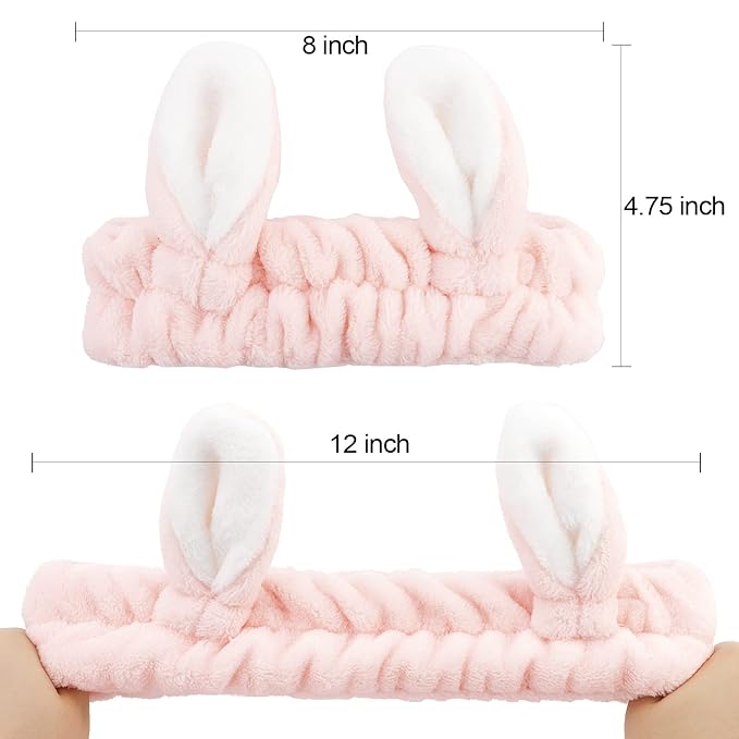 YISSION Cute Bunny Ear Spa Headband for Women and Girls - Soft Plush Makeup Headband for Face Washing, Skincare, Shower, Easter Party Favors (2 Pack, White & Pink)