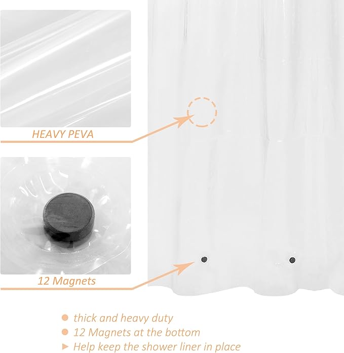 Mrs Awesome Clawfoot Tub Shower Curtain or Liner with 12 Magnets - Free 36 Hooks Included, Waterproof PEVA, 180" x 60", Clear