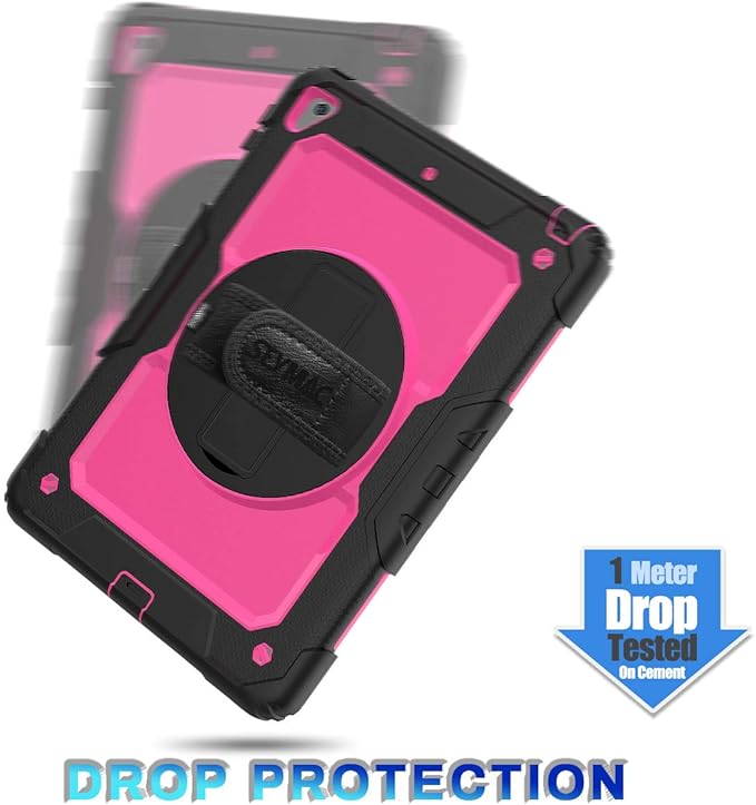 SEYMAC stock Case for iPad 6th / 5th Generation Case/Air 2 / Pro 9.7 inch, Heavy Duty Protective with Screen Protector, with Pencil Holder, Hand Strap, Shoulder Strap, 360 Rotate Stand, Pink+Black