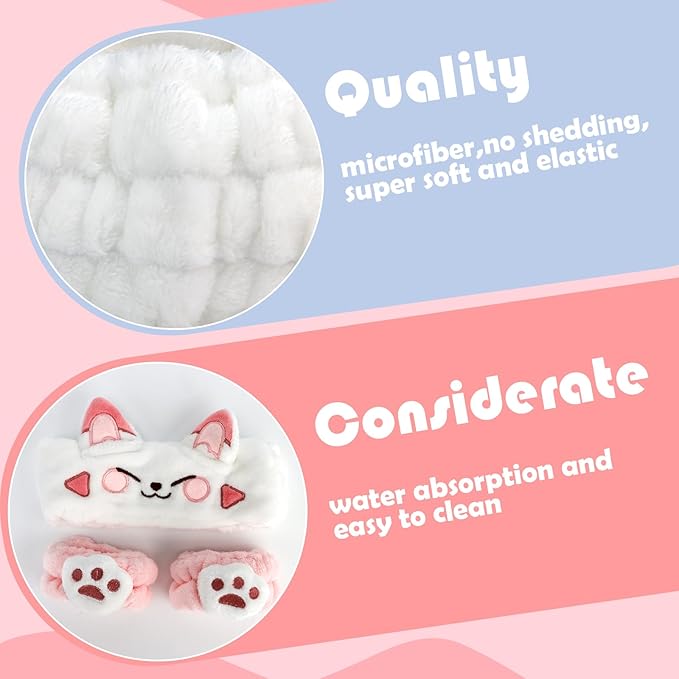 Canitor Face Wash Headband With Wrist Bands - Soft Coral Fleece Spa Makeup Headband With Cute Animal Cat Ears - Elastic Skincare Wrist Towels