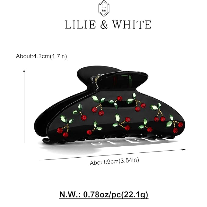 LILIE&WHITE Acrylic Hair Clips For Women Black Claw Clips With The Rhinestone Pattern In Red Cherry Hair Clip With Claw For Thick Hair Strong Hair Fix Claw Clips