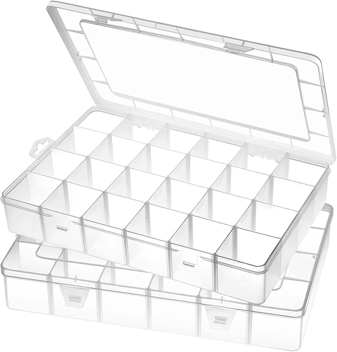 Large 24 Grids Plastic Organizer Box Adjustable Dividers,Clear Storage Box for Jewelry, Art DIY Crafts, Washi Tapes, Beads and Small Parts(2 Pack)